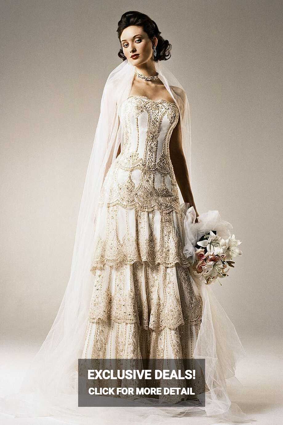 Vintage Strapless Wedding Dresses Tiered A Line Lace Sleeveless ...