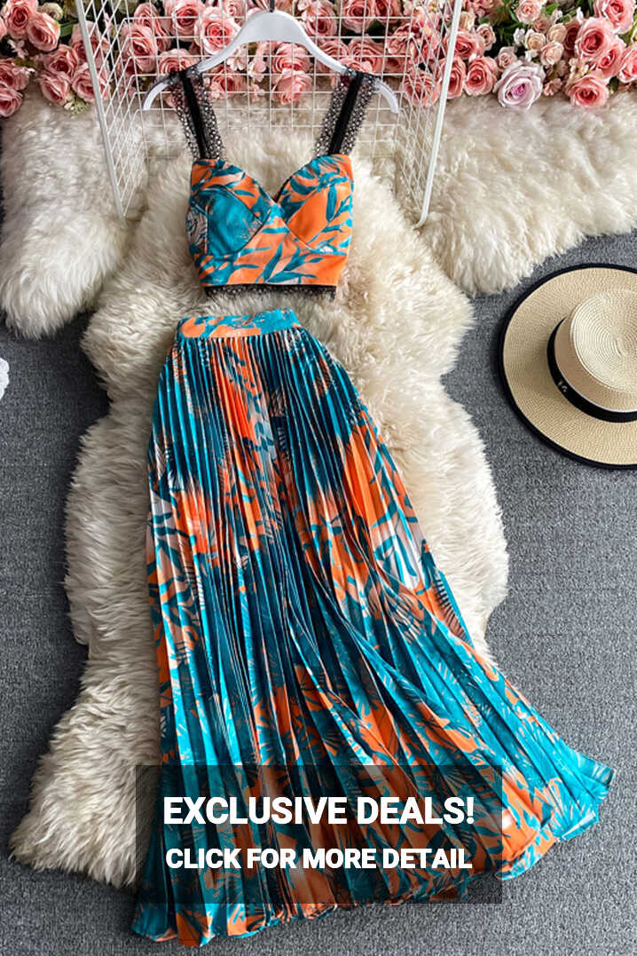 Vintage Two Piece Set, Boho Matching Crop Top and Maxi Pleated ...