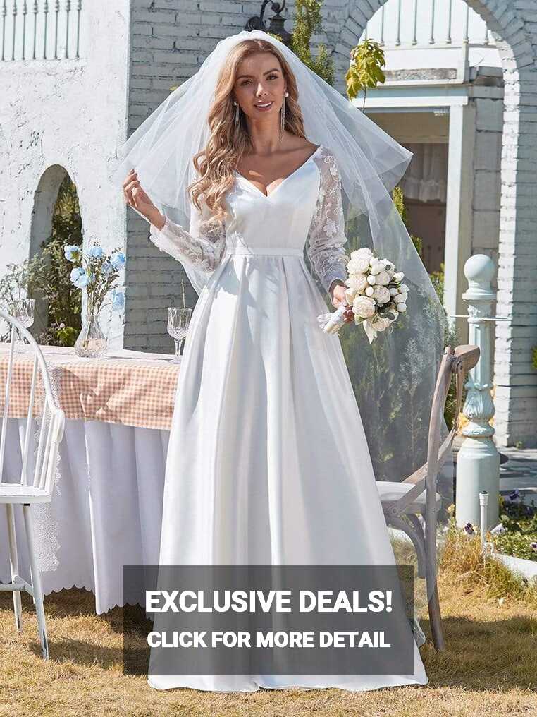 Vintage V Neck Long Lace Sleeves Simple White Wedding Dress