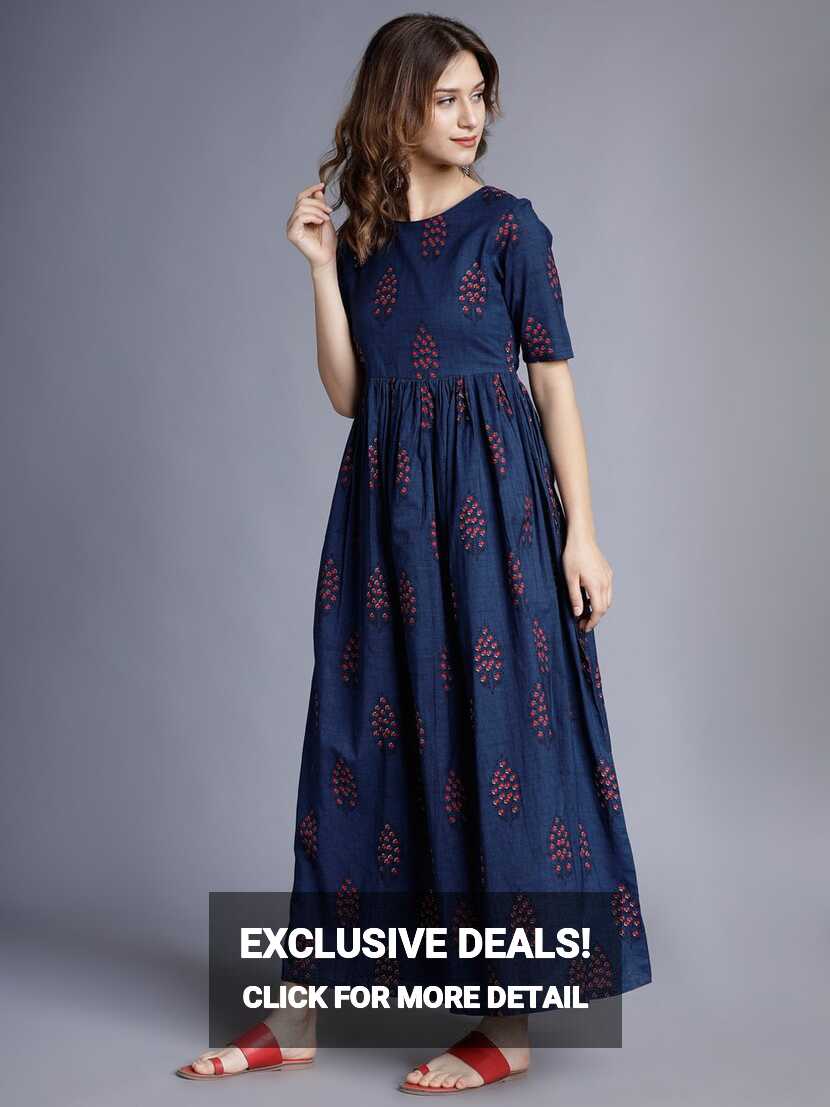 Vishudh Navy Blue Ethnic Motifs Printed Cotton Maxi Dress ...