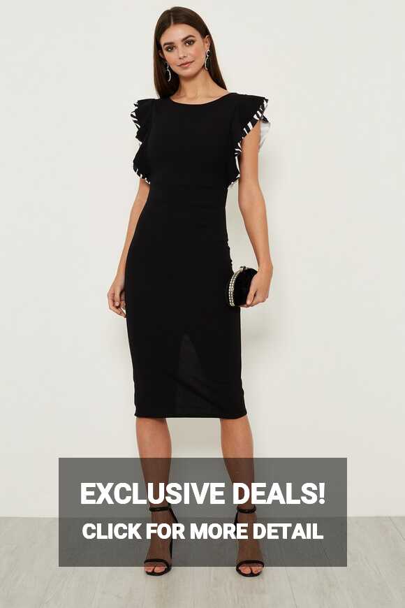 WALG EMILY ROUND NECK RUFFLE SLEEVE MIDI DRESS IN BLACK AND ZEBRA ...