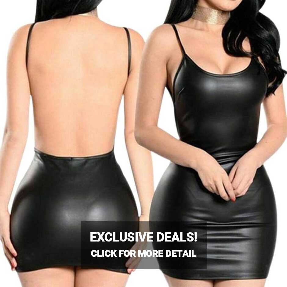 WEITING Sexy Faux Leather Dress Backless Club Party Short Dress ...