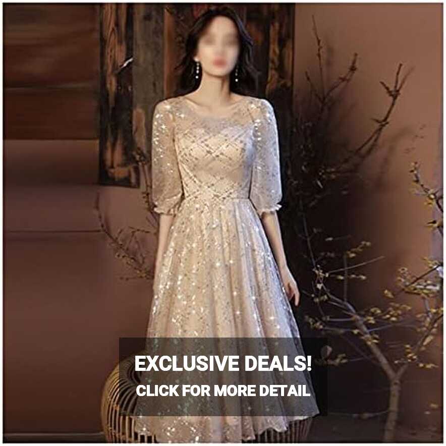 WPHPS Champagne Tea-length Lace Cocktail Dresses Elegant O-neck A ...