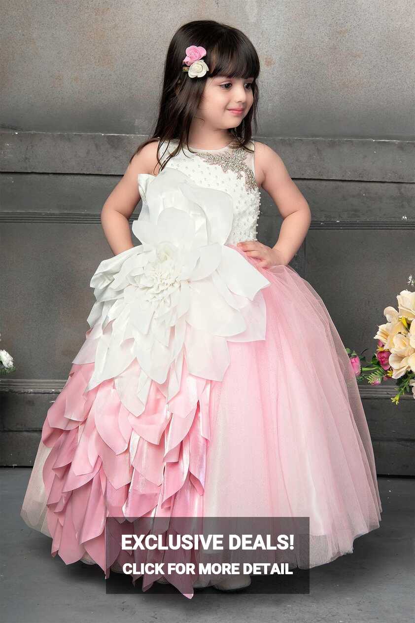 Whimsical White and Pink Party Wear Ballroom Gown – Lagorii Kids