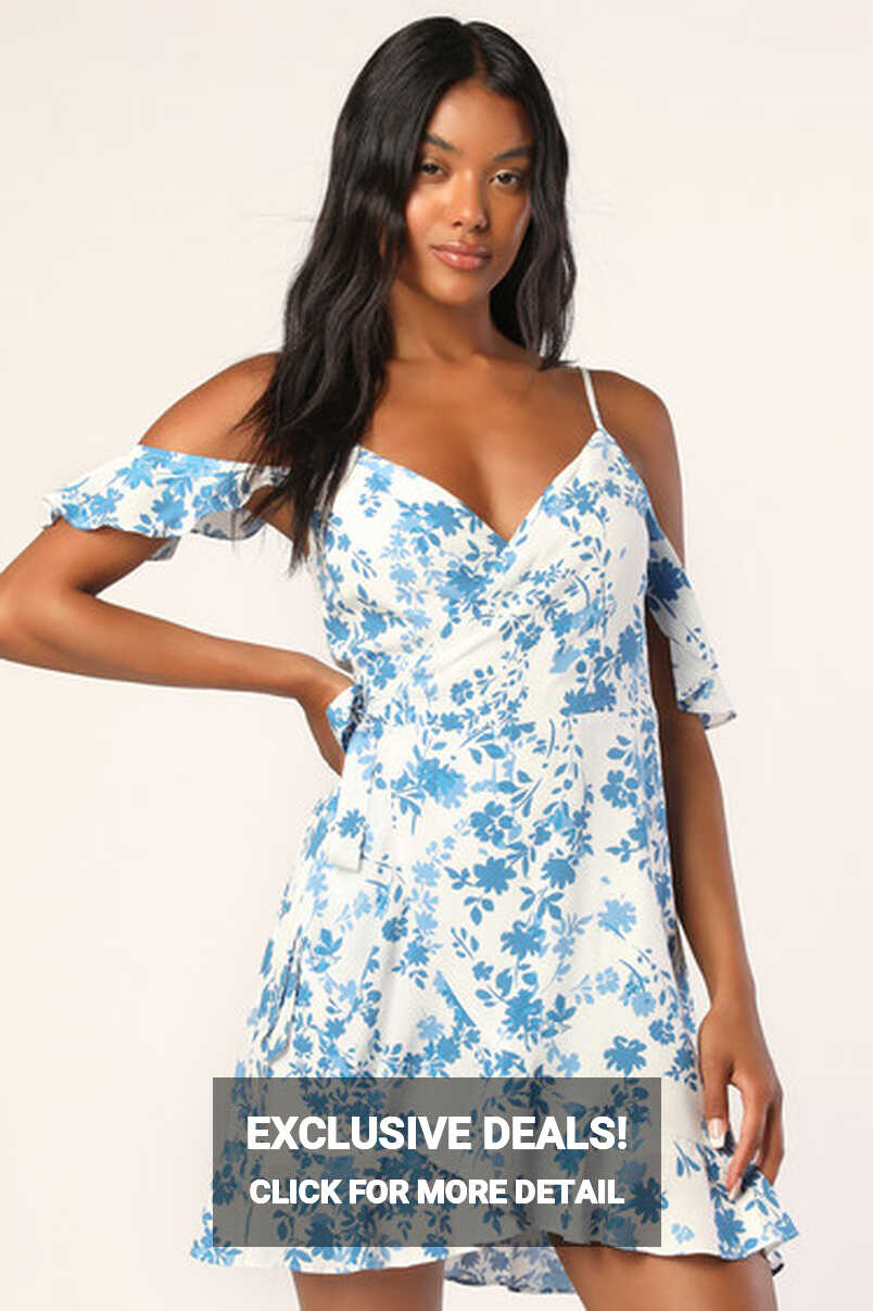 White &amp; Blue Floral Dress - Cold Shoulder Mini Dress - Wrap Dress ...