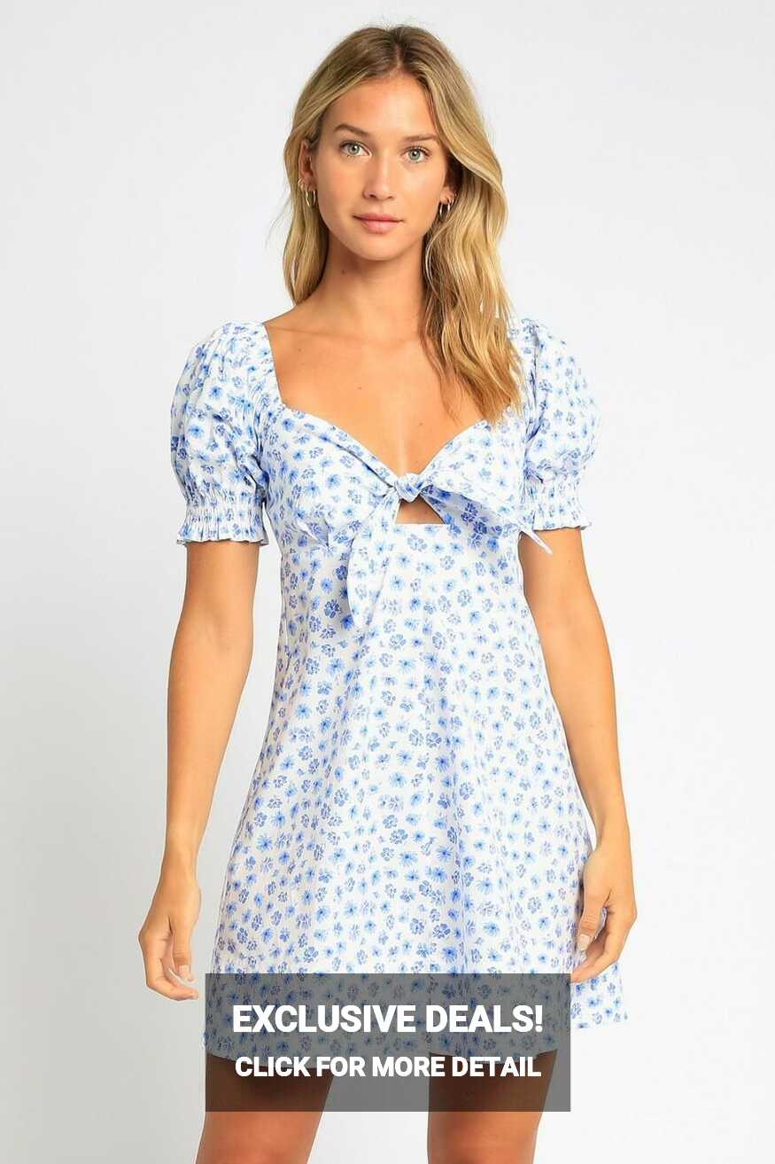 White &amp; Blue Floral Puff Sleeve Mini Dress | Boho Pink