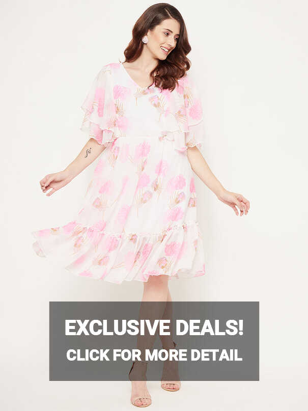 White &amp; Pink Floral Georgette Dress - BITTERLIME