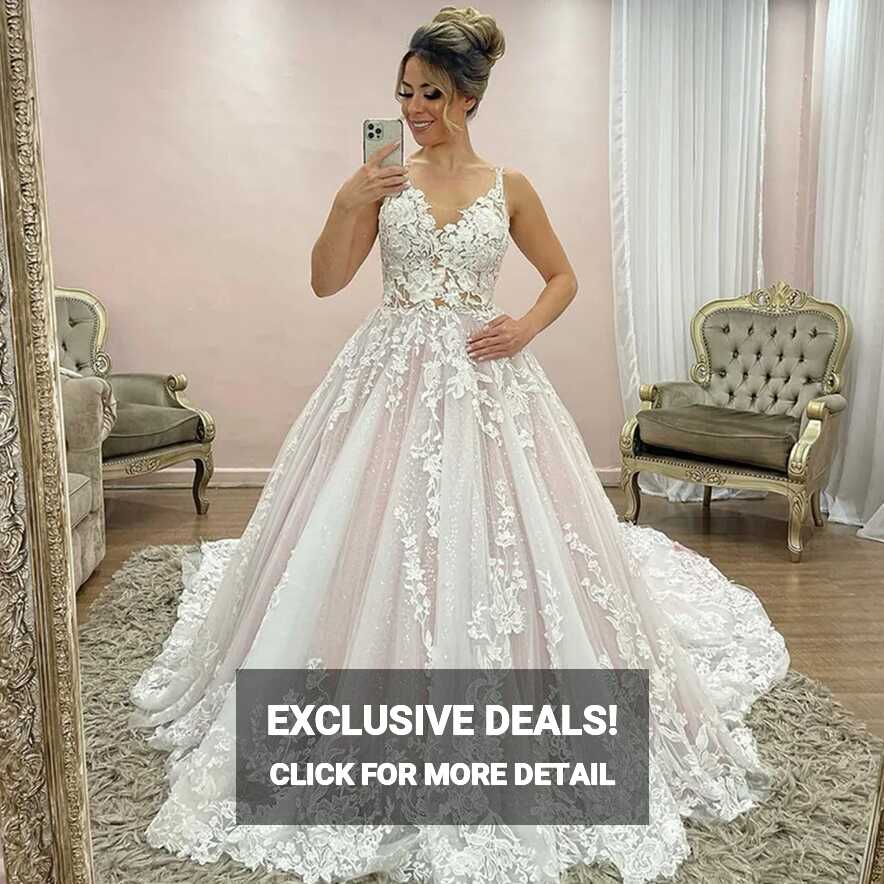 White &amp; Pink Wedding Dresses Sexy V Neck Lace Applique A Line ...