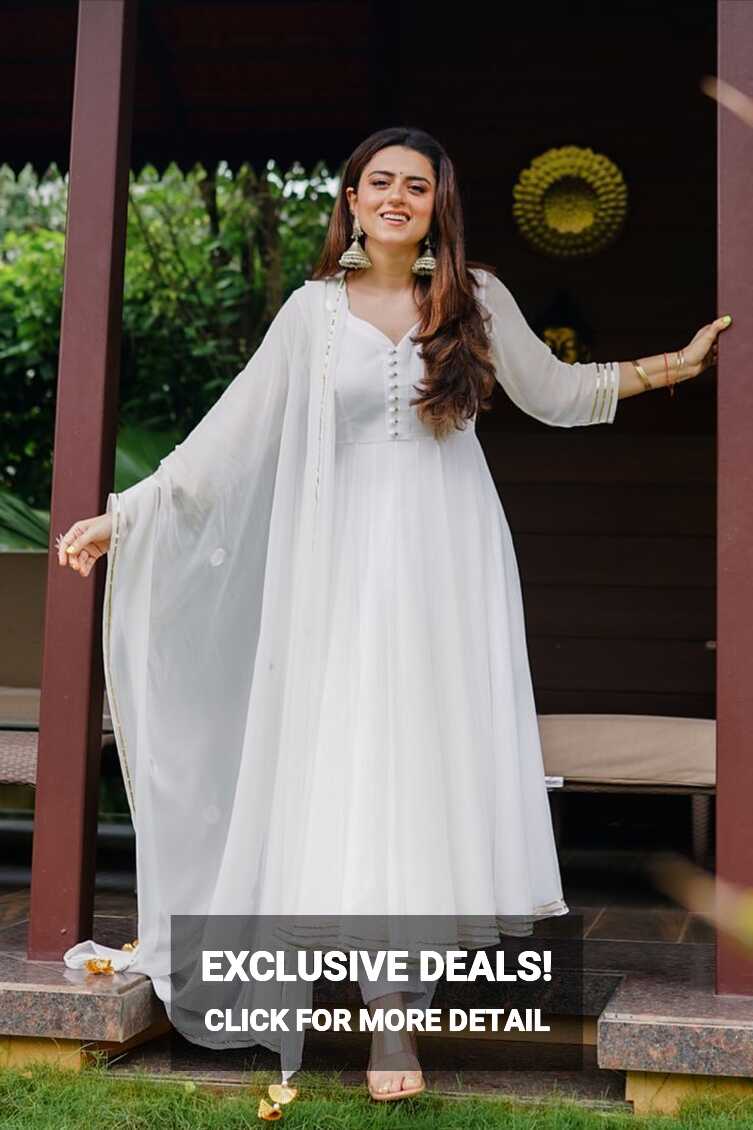 White Anarkali And Pant With Dupatta