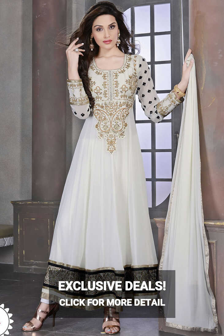 White Anarkali Churidar Suit and White Dupatta, Full Sleeve Kameez ...