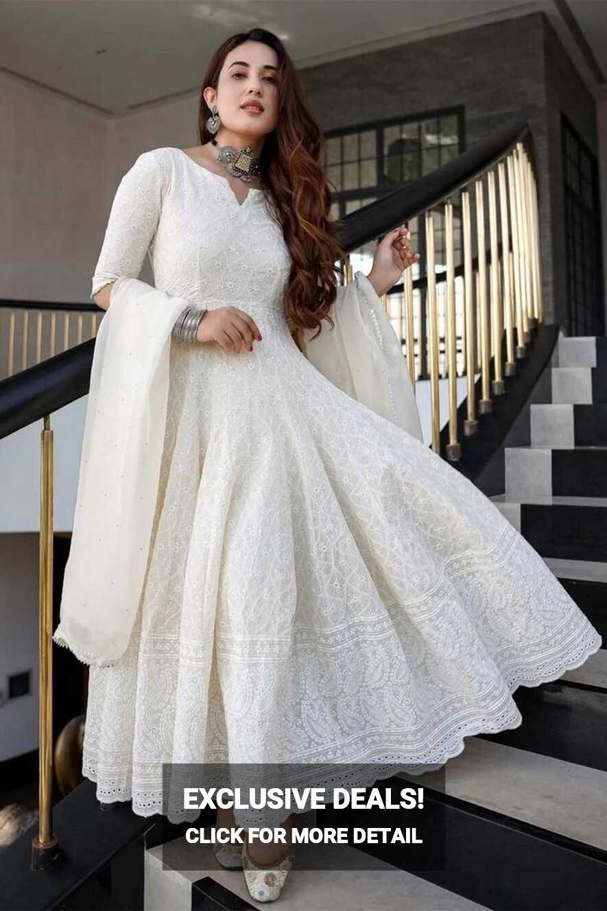 White Anarkali Kurti With Dupatta Set - Vatki Store - 4251225