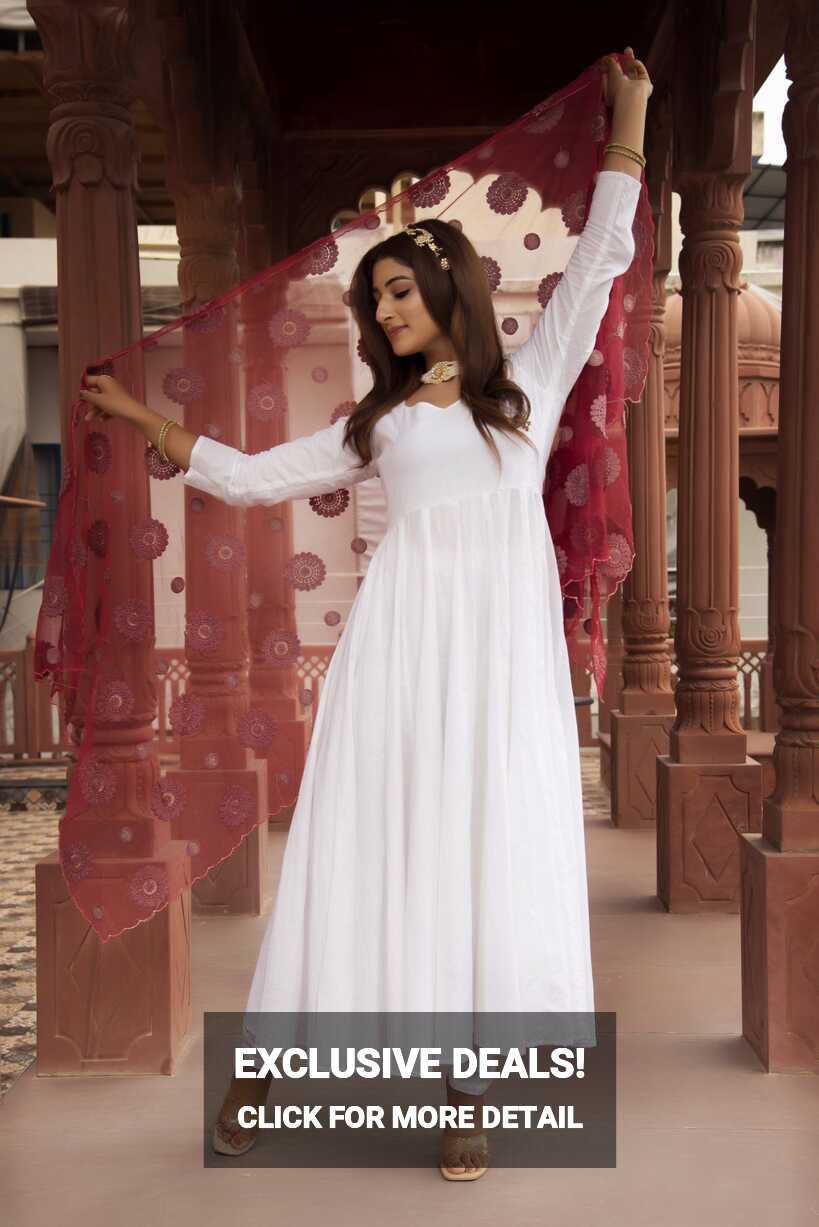 White Anarkali Suit Set with Maroon Embroided Dupatta