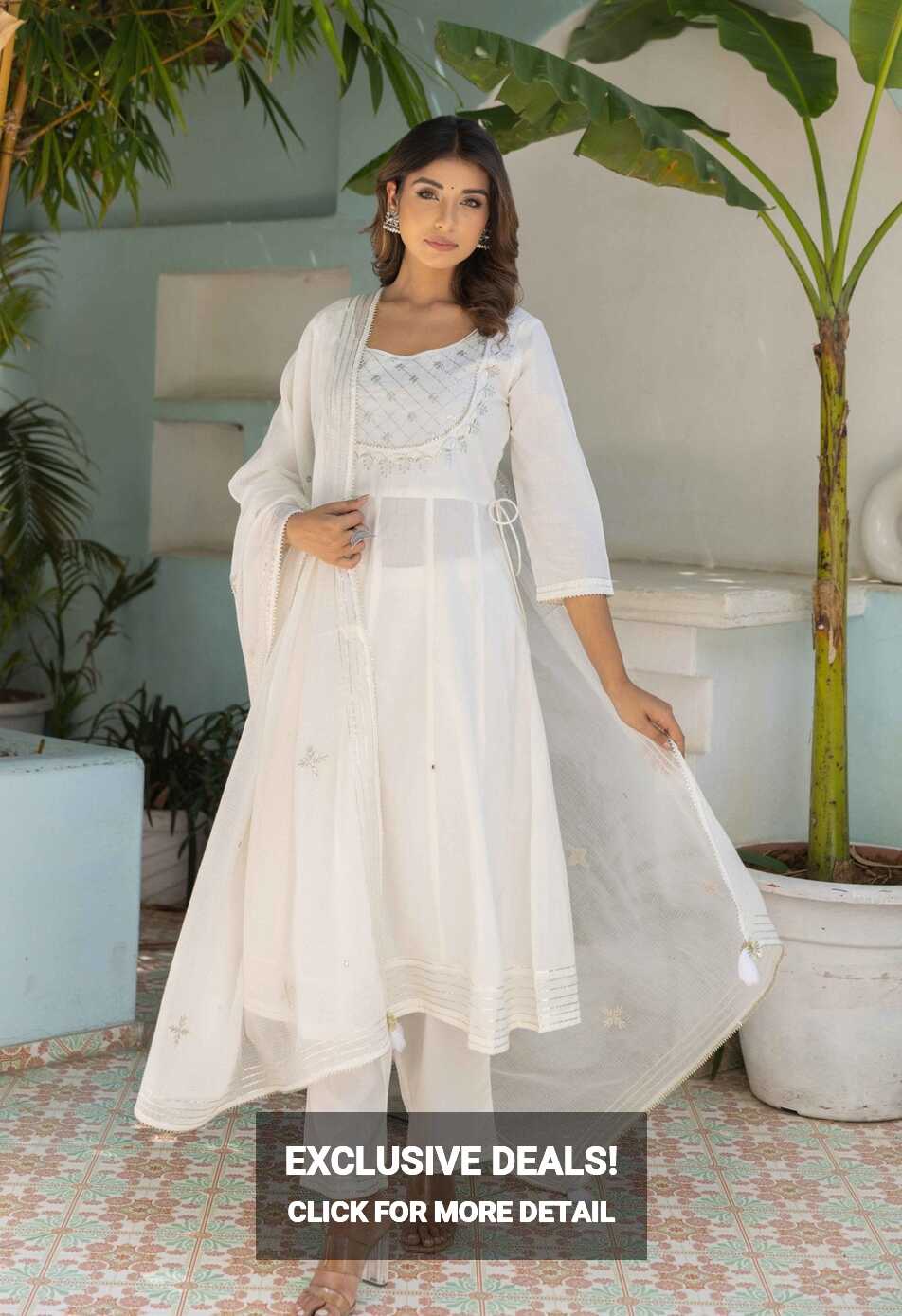 White Anarkali kurta with Matching Pant and Doriya Dupatta (3 pc set)