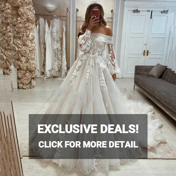 White Beach Wedding Dresses Removeable Puff Long Sleeves Tulle ...