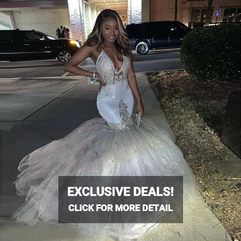 White Beaded Lace Mermaid Silver Mermaid Prom Dress With V ...