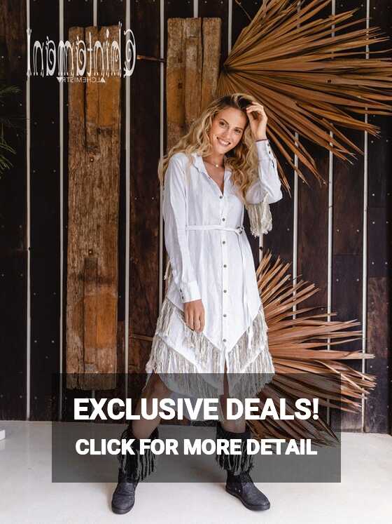 White Boho Dress Linen Shirt Dresses Women Long Fringe Asymmetric ...