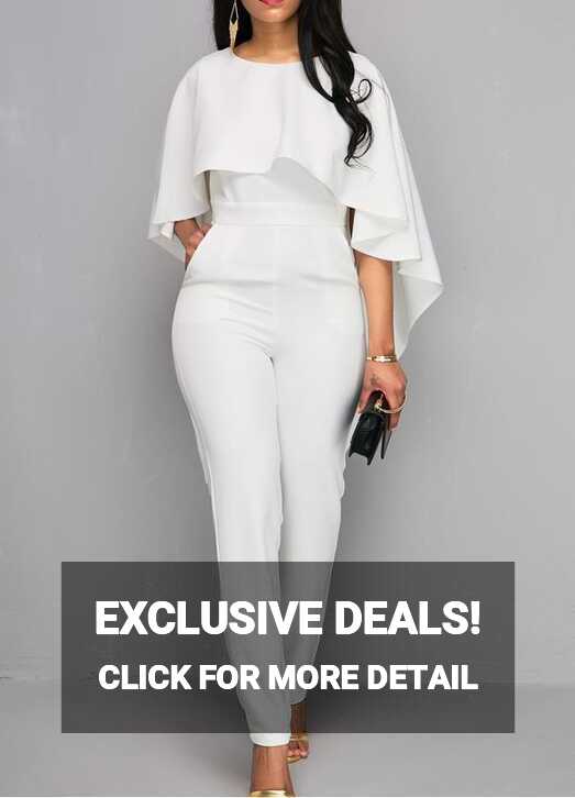 White Cape Jumpsuit Zipper Closure White Open Back Jumpsuit