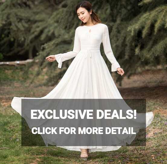 White Chiffon Dress, Long Sleeve Bohemian Swing Chiffon Dress ...