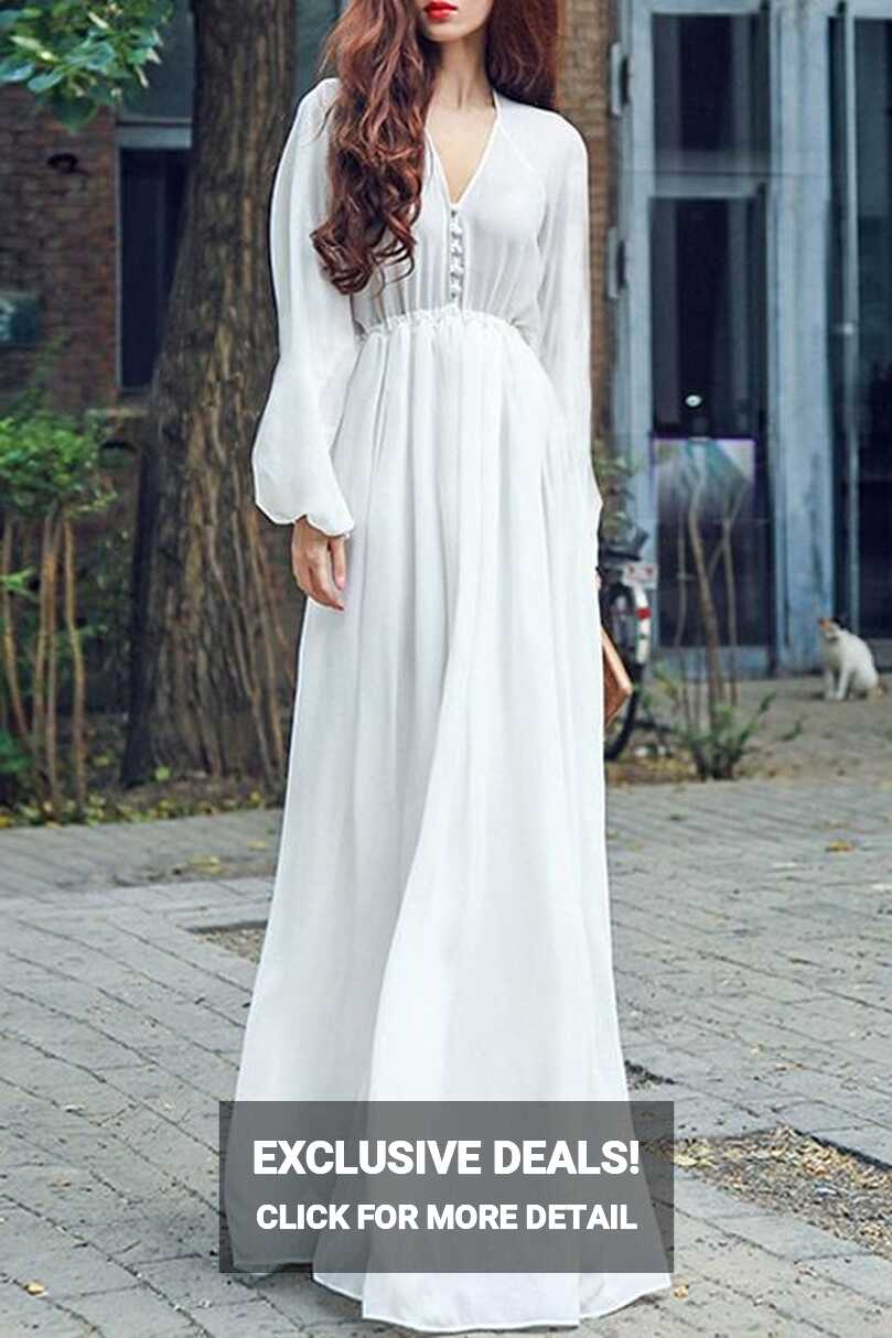 White Chiffon Plunging Neck Long Sleeve Maxi Dress WHITE