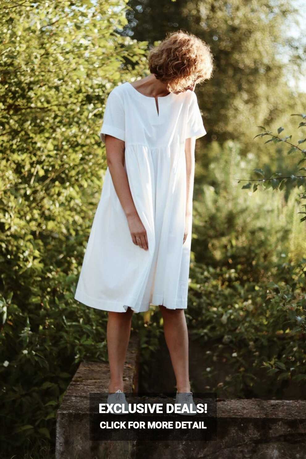 White Cotton Dress With Short Folded Sleeves / OFFON Clothing - Etsy