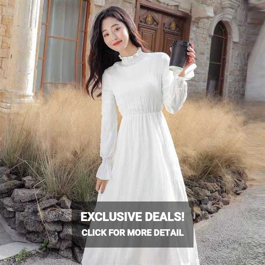 White Dress baju raya 2023 Waist Slimming Korean style Long Sleeve ...