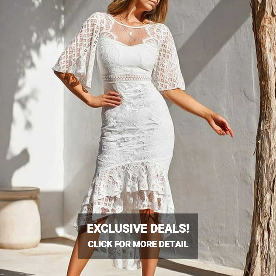 White Dresses for Women Solid Color Bell Short Sleeve Lace Dress ...