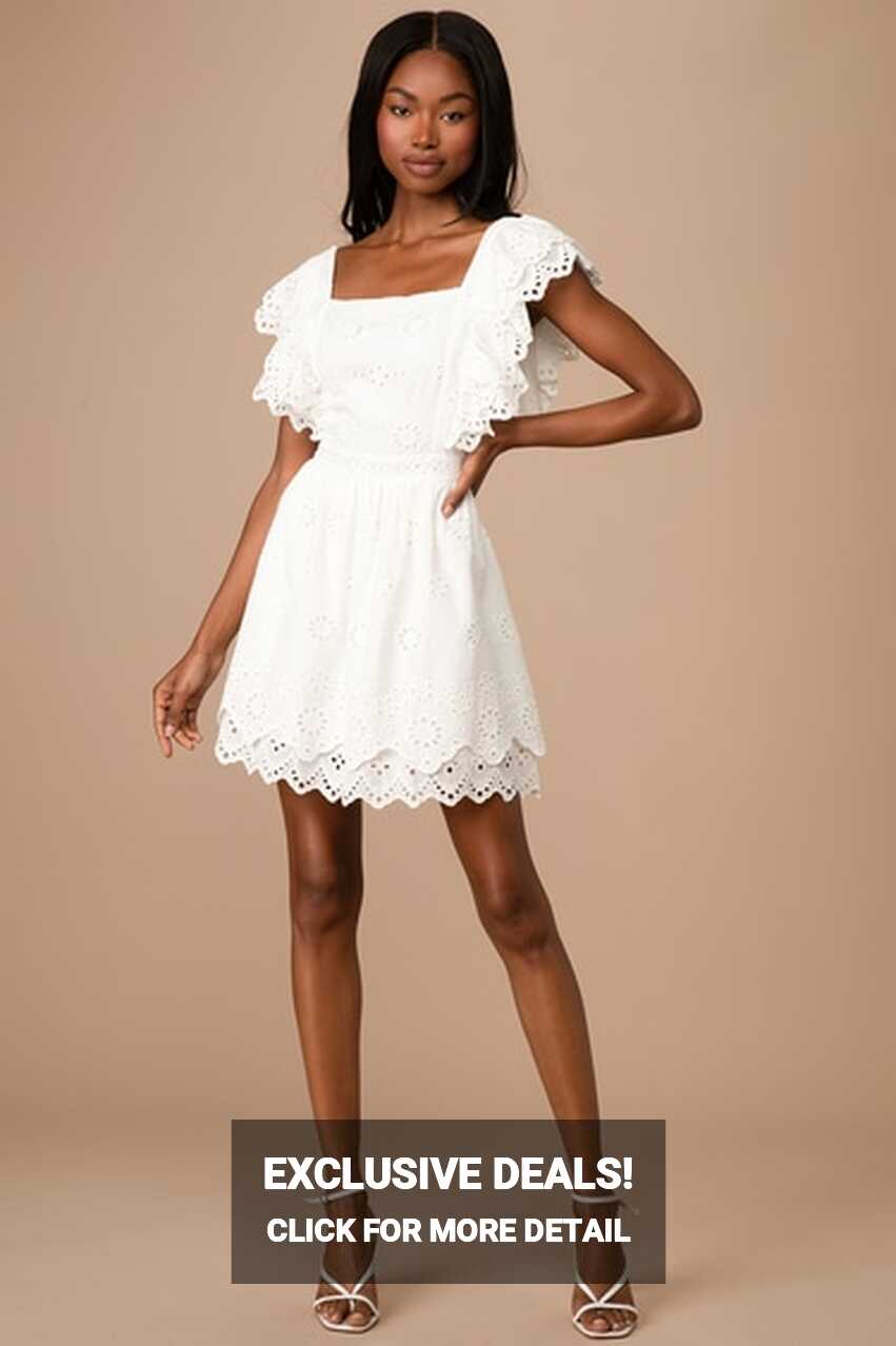 White Eyelet Lace Dress - Ruffle Mini Dress - Cotton Skater Dress ...