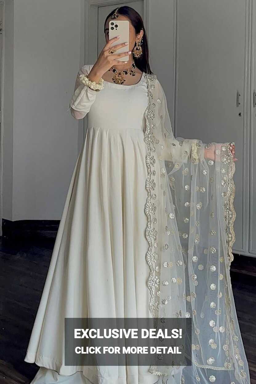 White Faux Georgette Anarkali Style Plain Gown