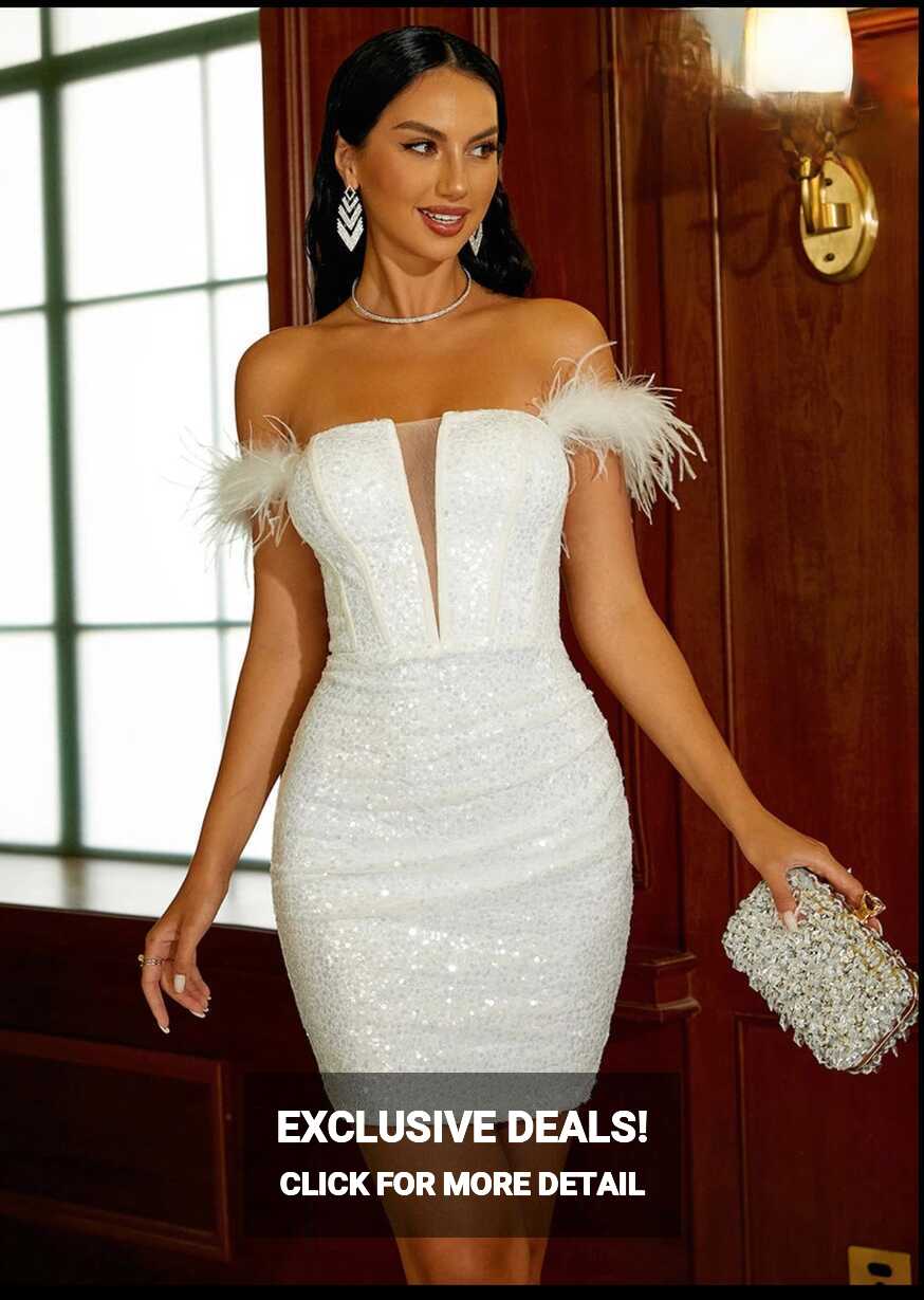 White Feather Mini Party Wedding Dress Sequin Bodycon Short ...