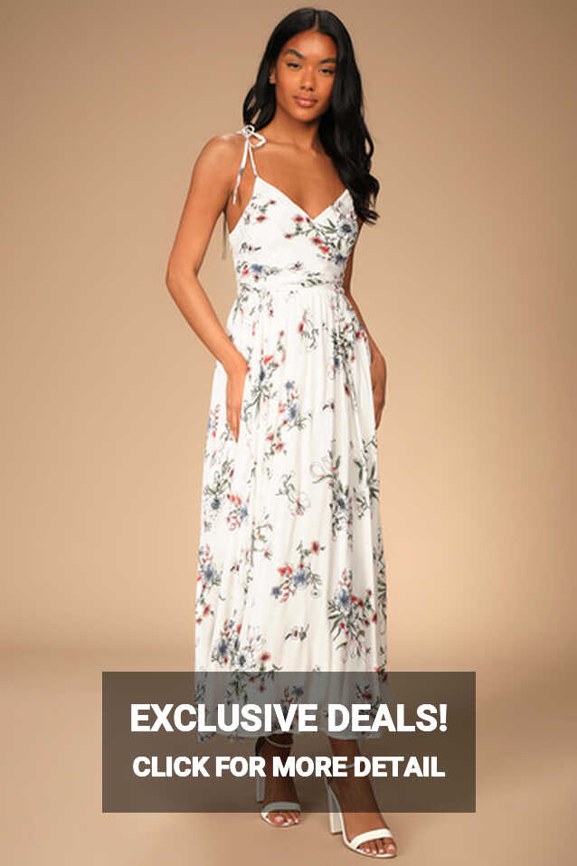 White Floral Maxi Dress - Tie-Shoulder Dress - Floral Maxi Dress ...