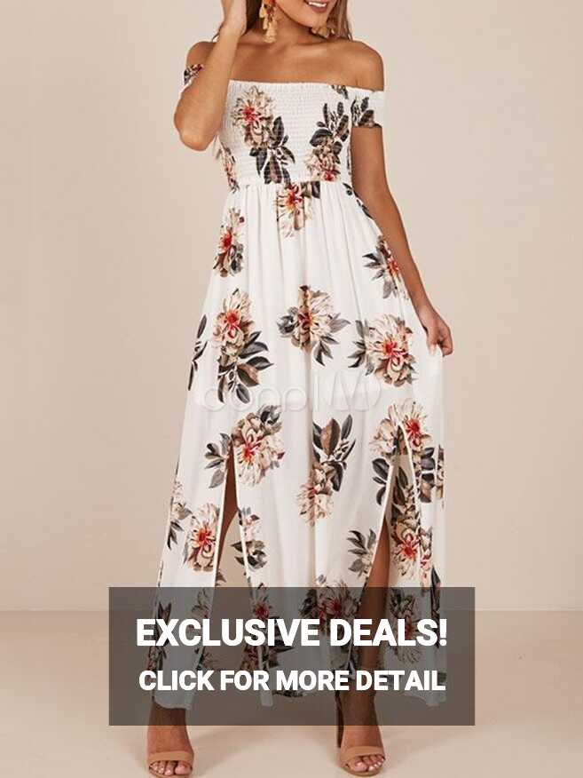 White Floral Maxi Dress Off The Shoulder Short Sleeve Split ...