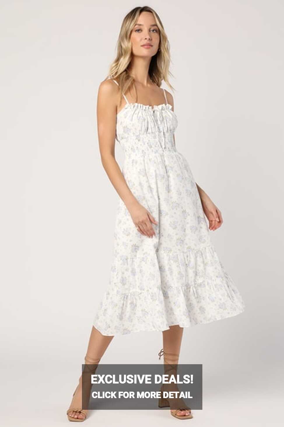 White Floral Midi Dress - Tiered Midi Dress - Empire Waist Dress ...