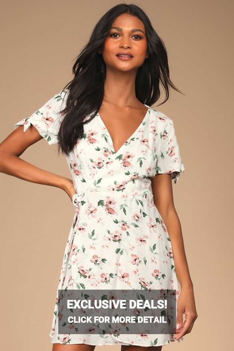 White Floral Print Dress - Wrap Dress - Short Sleeve Dress - Lulus