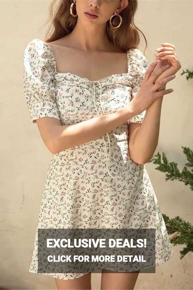 White Floral Print Square Neck Short Sleeve Drawstring Casual Dress