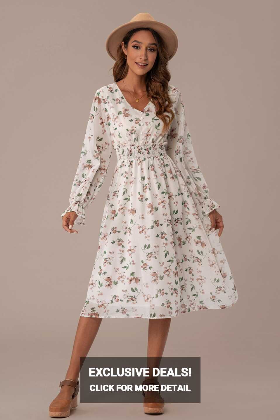 White Floral Printed Long Sleeve V Neck Holiday Midi Dress - Petallush