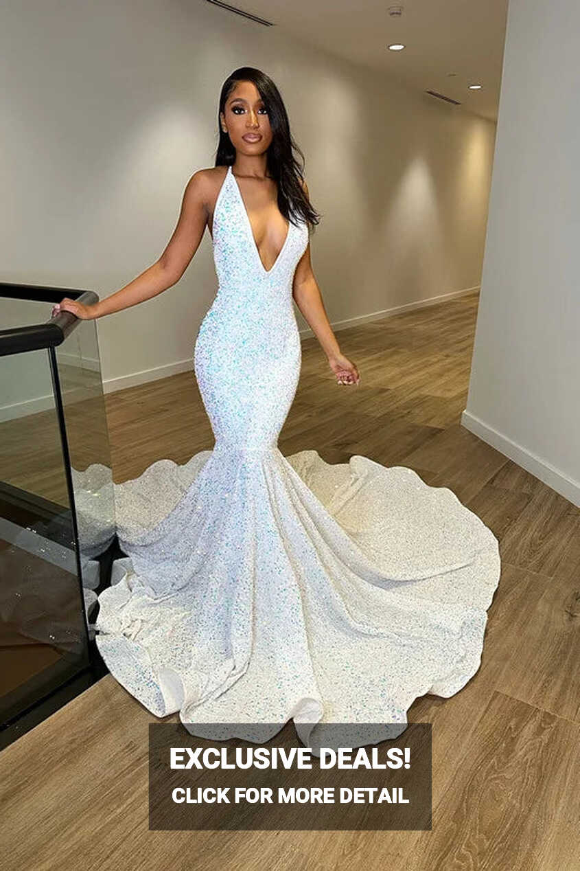 White Iridescent Sequin Prom Dress V Neck Mermaid Formal Evening ...