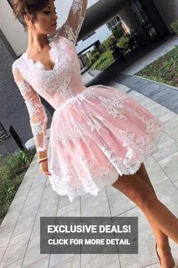 White Lace Appliqued Pink Cute Short Cocktail Gown - Promfy