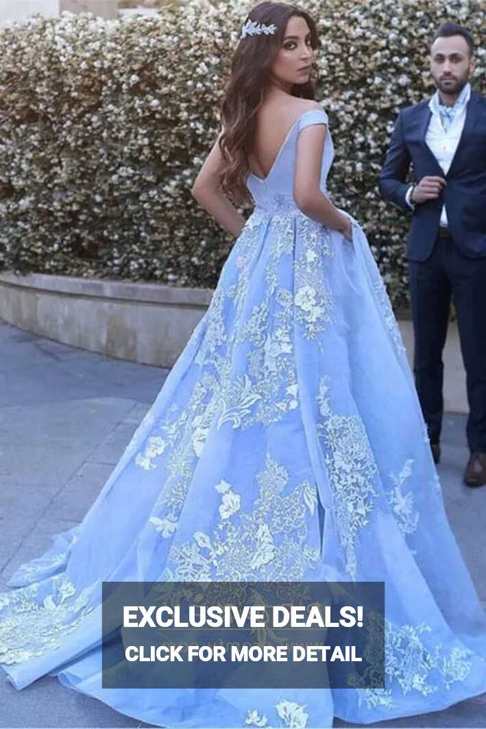 White Lace Appliqued Sky Blue Princess Ball Gown - Promfy