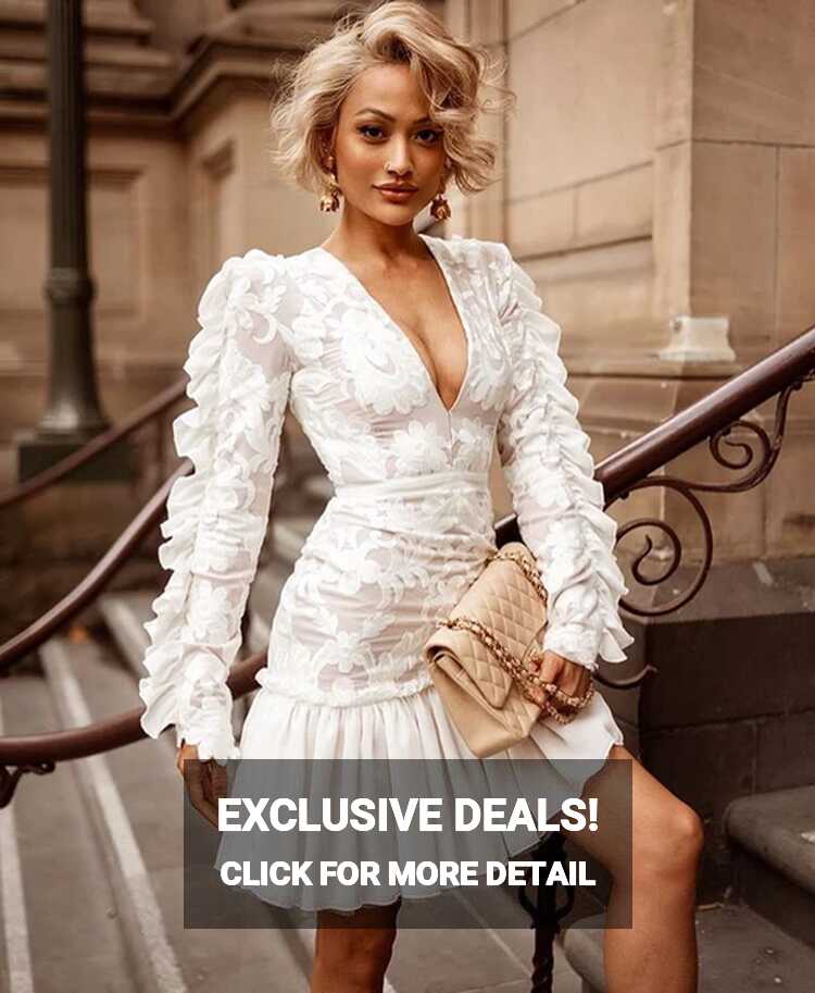 White Lace Cocktail Dresses V Neck Ruffles Dresses Elegant Evening ...