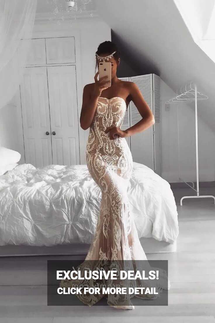 White Lace Overlay Champagne Mermaid Formal Dress - Promfy