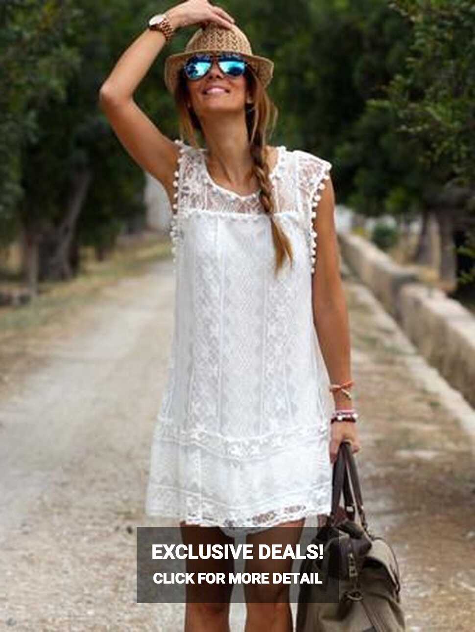 White Lace Sheer Sleeveless Tunic Short Summer Dress - Milanoo.com