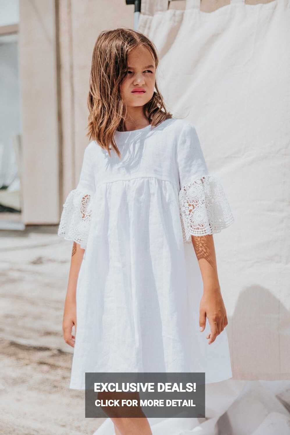 White Linen Flower Girl Dress, Bell Sleeve Flowy Dress, Knee ...