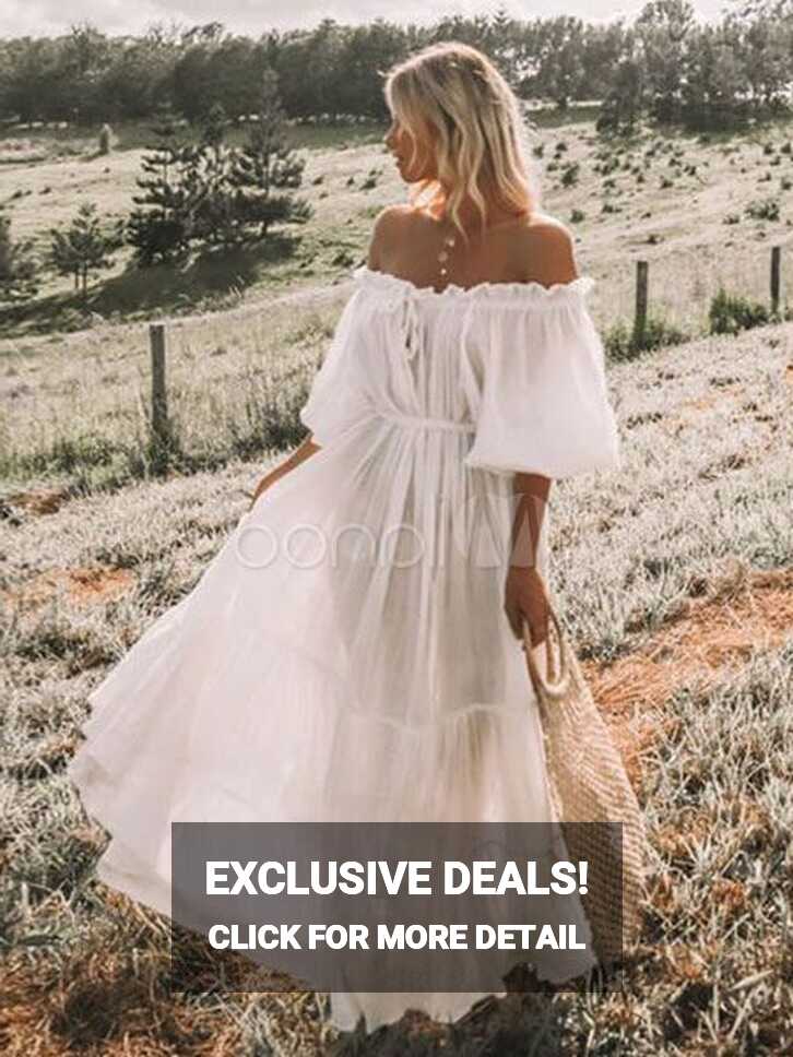 White Long Dress Boho Maxi Dress Off The Shoulder Half Sleeve ...