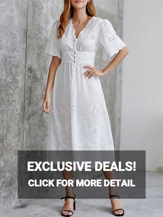 White Long Dress Cotton Eyelet Embroidered Half Sleeves V Neck ...