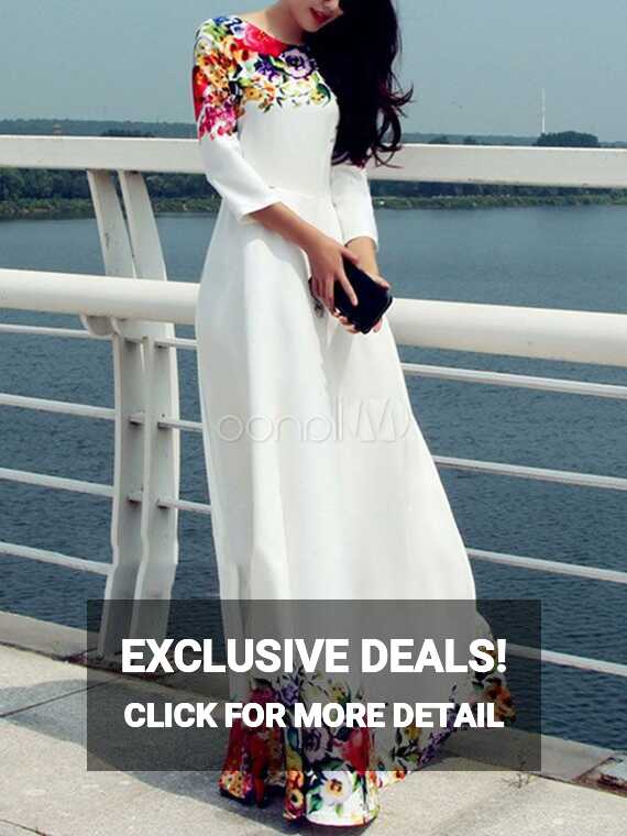 White Long Dress Long Sleeve Floral Maxi Dress