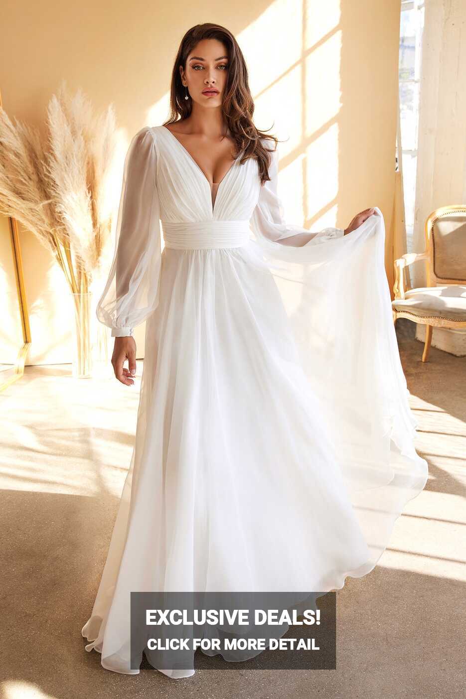 White Long Sleeve Chiffon Gown by Cinderella Divine CD0192W – ABC ...