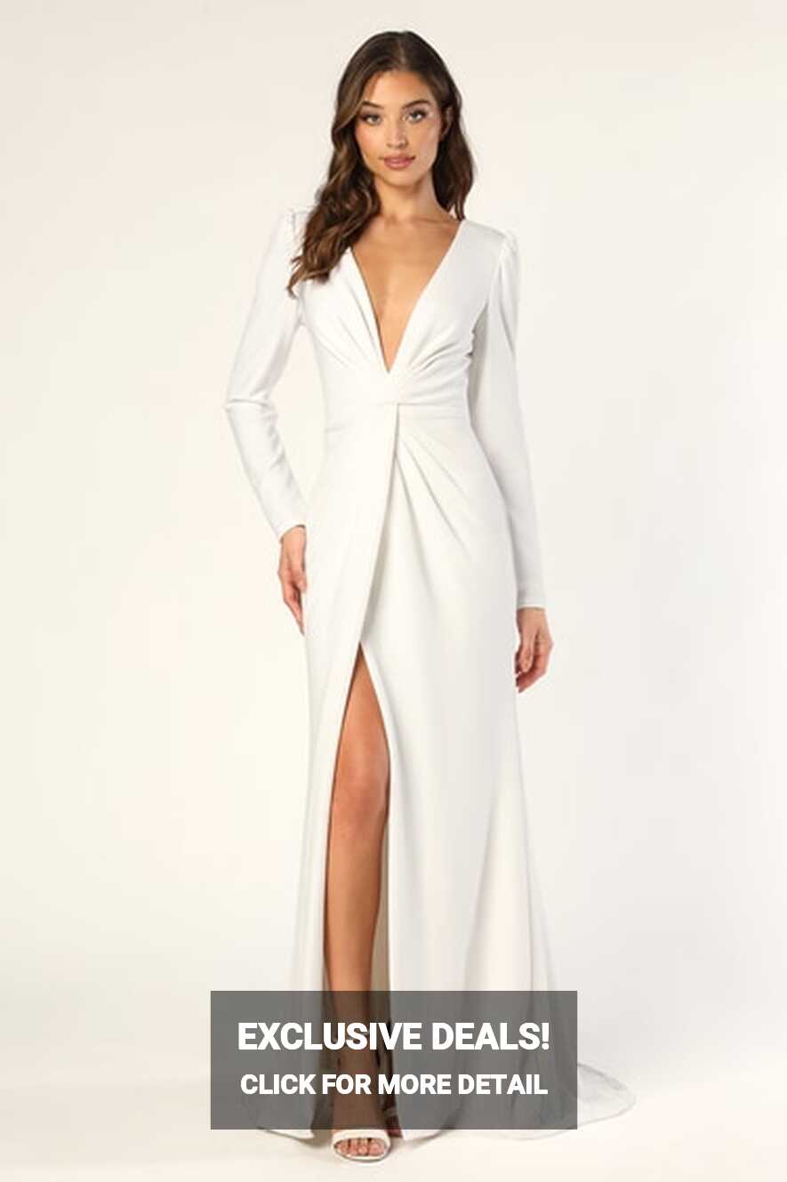 White Long Sleeve Dress - Mermaid Maxi Dress - V-Neck Dress - Lulus