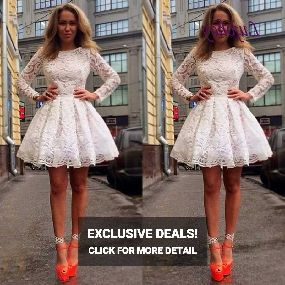 White Long Sleeve Short Cocktail Dress Party Lace Plus Size Ladies ...