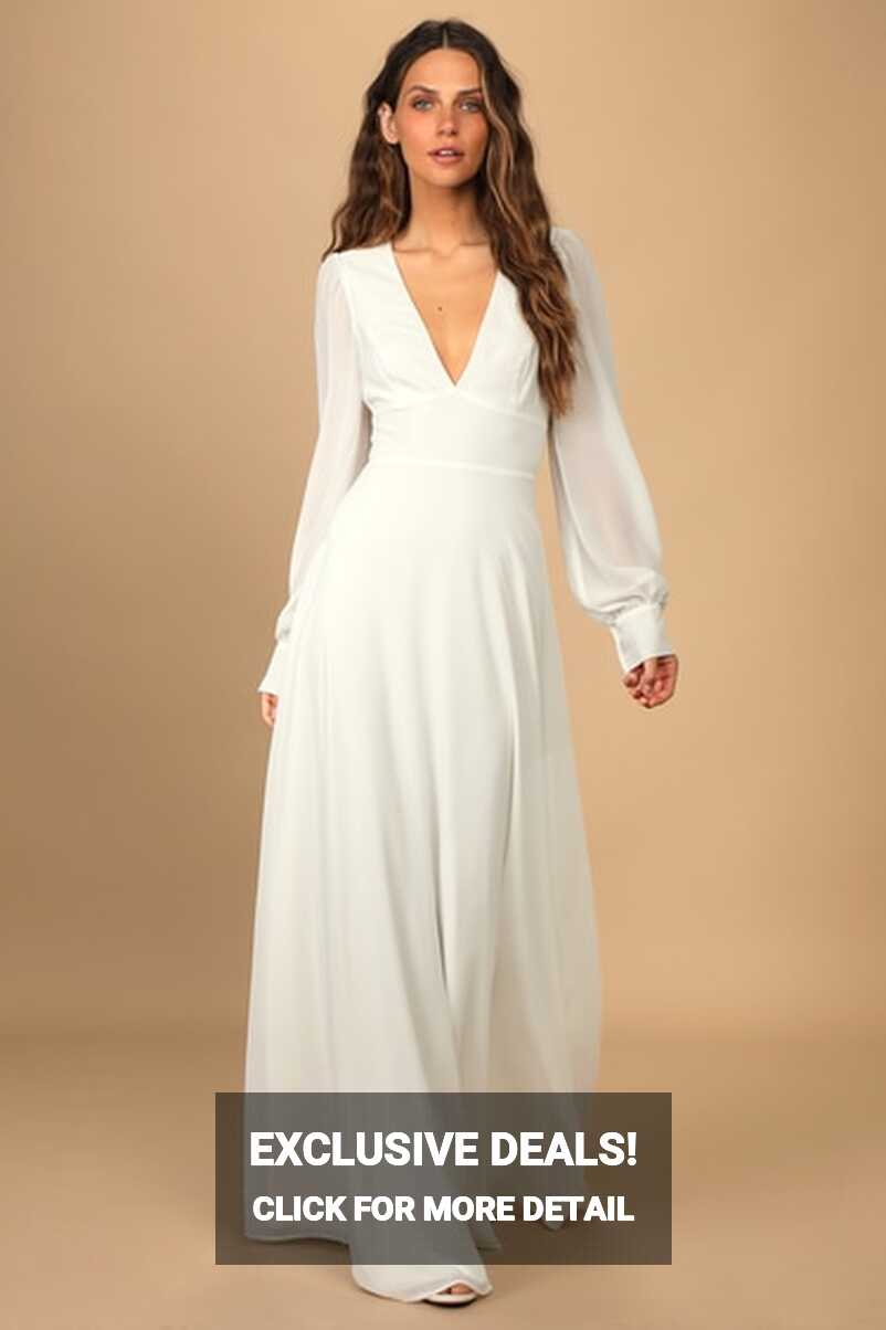 White Maxi Dress - Chic Open Back Dress - Long Sleeve Maxi Dress ...