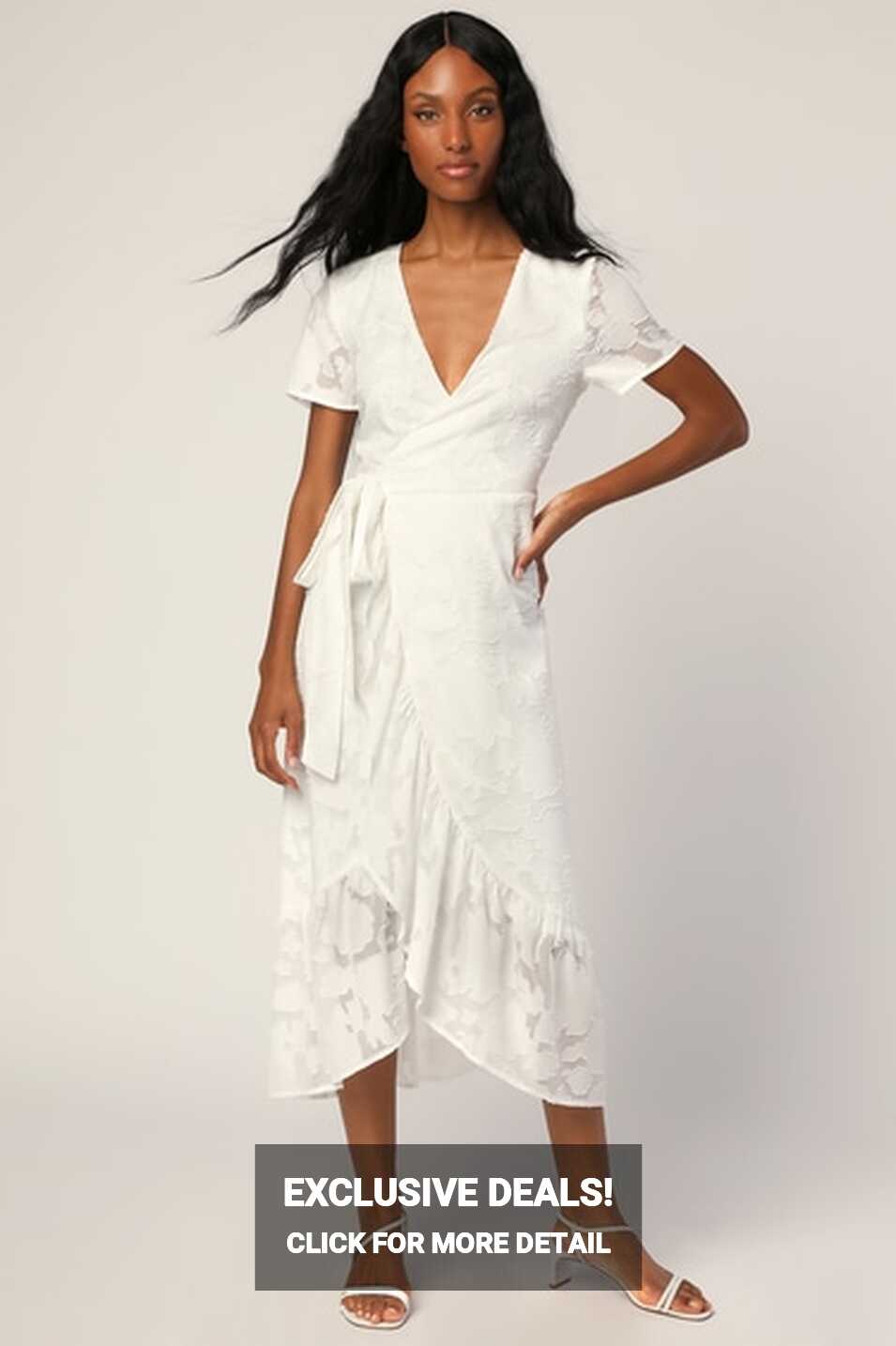 White Midi Dress - Cute Jacquard Dress - Short Sleeve Wrap Dress ...